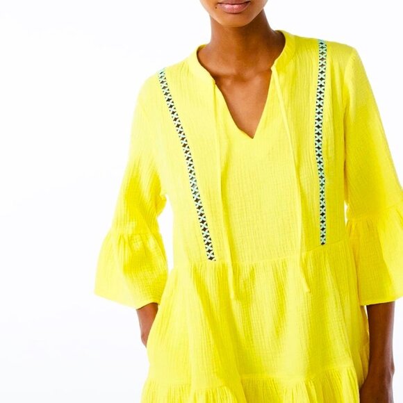 Scoop Boho Embroidered Chartreuse Yellow Dress - Picture 3 of 15